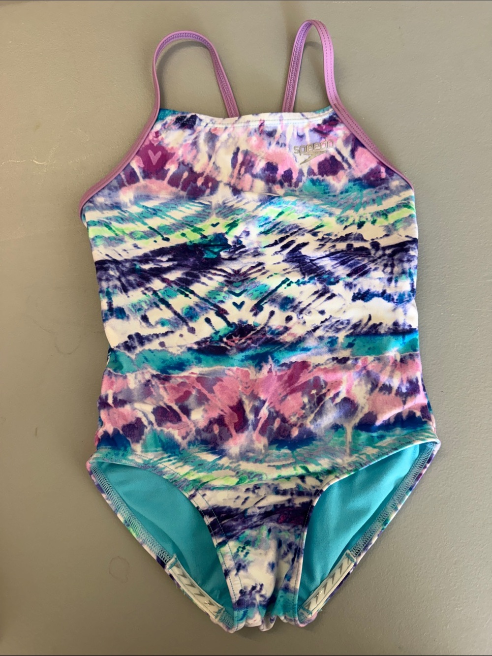 Speedo Girls Tie-Dye One-Piece Swimsuit in Purple, Teal and Pink